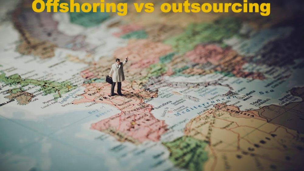 Offshoring vs outsourcing: an illustration with a map and a figurine of a man standing on top of it